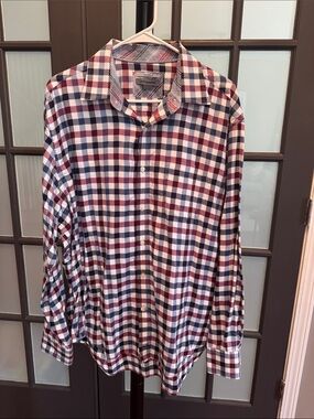 Johnston & Murphy Burgundy, Navy & White Plaid Button-Down Shirt